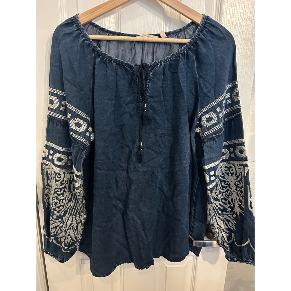 Soft Surroundings Indigo Denim Embroidered Tassel‎ Peasant Blouse Blue Medium